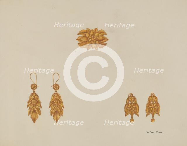 Brooch and Earrings, c. 1937. Creator: Vera Van Voris.