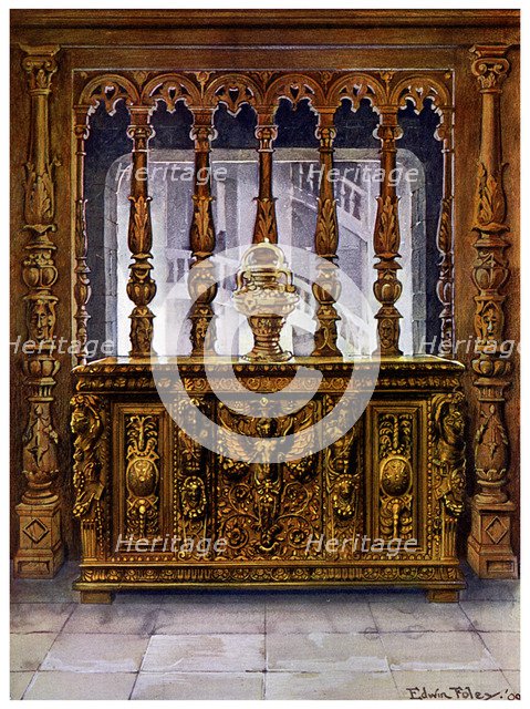 Henry II carved coffer or bahut and oak screen of the same French Period, 1910.Artist: Edwin Foley