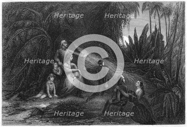 'Fugitive officers, with their families concealing themselves in the jungle', 1857, (c1860). Artist: Unknown