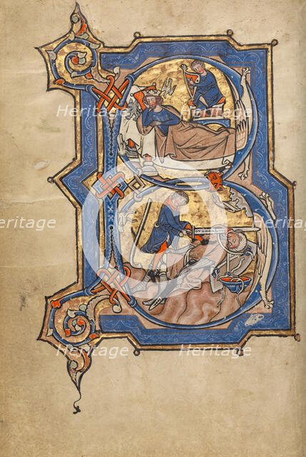 Initial B: David Playing the Harp for Saul, and David and Goliath; Psalter, mid-1200s. Creator: Unknown.