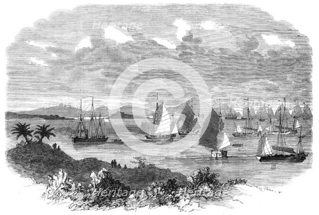 Fleet of Chinese junks, with H.M.S. Opossum, preparing to attack pirates at How-Chow, 1865. Creator: Unknown.