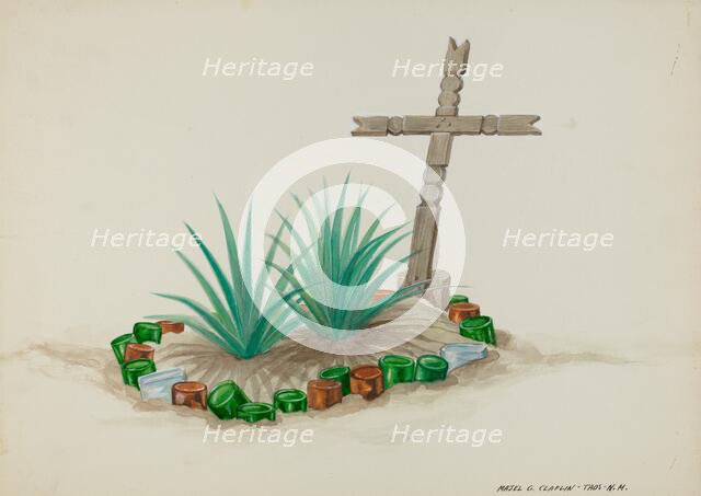 Child's Grave with Wooden Cross - Bottle Decorations, c. 1937. Creator: Majel G. Claflin.