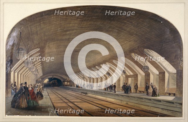 Interior of Baker Street Station showing platforms and an approaching train, London, c1865. Artist: Kell Brothers