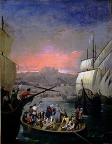 Departure of the Pinta, Niña and Santa Maria del Puerto de Palos' Christopher Columbus, Italian n…