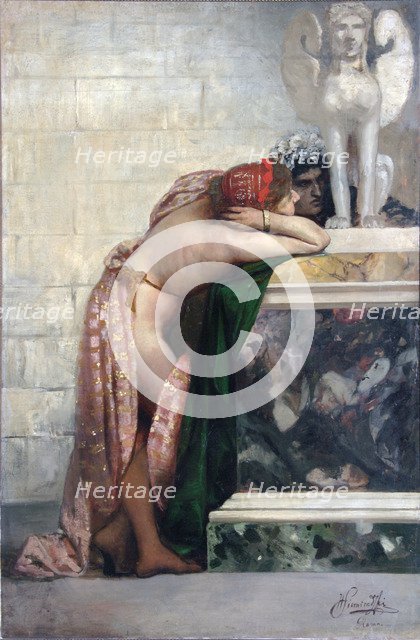 Two Figures by a Statue of Sphinx, 1870s. Artist: Siemiradzki, Henryk (1843-1902)