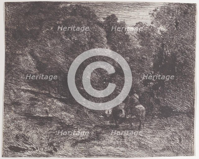 Two Travelers in a Forest (Le Cavalier en forêt et le piéton), 1854. Creator: Jean-Baptiste-Camille Corot.