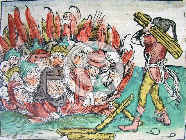 Burning of the Jews at Deggendorf in 1338 (from the Schedel's Chronicle of the World), 1493. Creator: Wolgemut, Michael (1434-1519).
