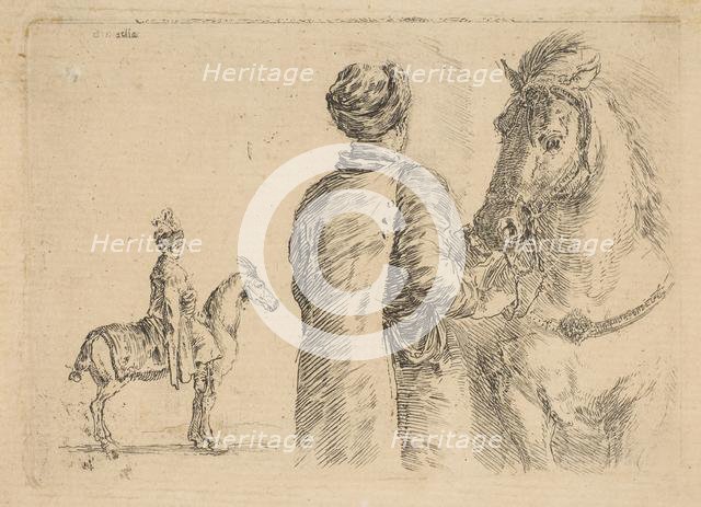 A Polish groom, from the back, holding a horse by the bridle, ca. 1662. Creator: Stefano della Bella.