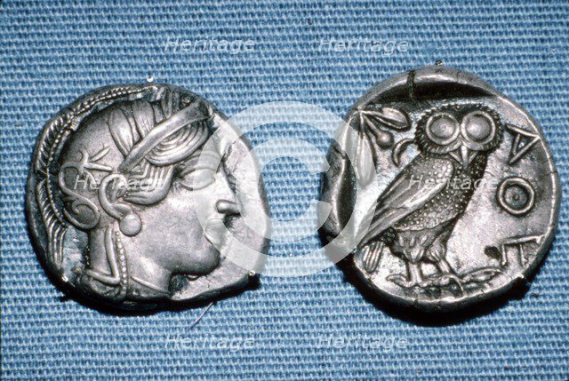 Tetradrachm, Greek Coin, Silver Head of Athena and Owl, mid to late 5th century BC. Artist: Unknown.