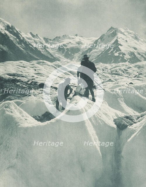 On the Tasman Glacier, Mt Cook district. From the album: Record Pictures of New Zealand, 1920s. Creator: Harry Moult.