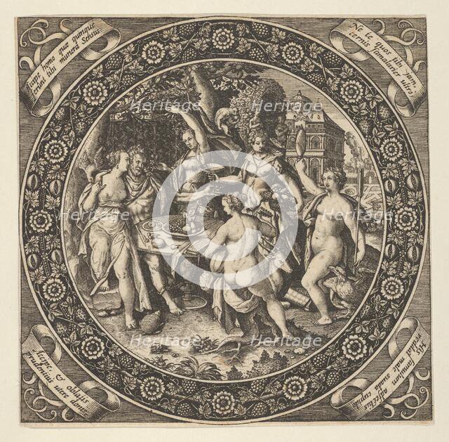 Scene with a Feast of Love in a Circle at Center, 1580-1600. Creator: Theodor de Bry.