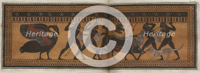 The Hunt Krater: colour plate of boar hunt with five hunters, 1766 [-1767].  Creator: Unknown.