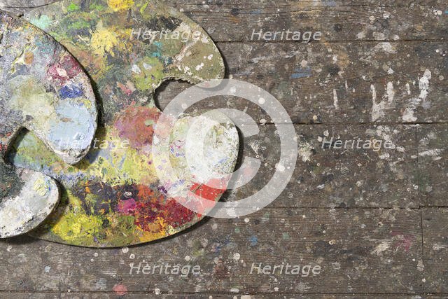 Artist's palettes, Anchor Studio, Newlyn, Cornwall, 2019. Creator: Steven Baker.