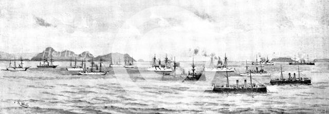 The War in Eastern Asia: men-of-war anchored off Chefoo - a sketch from the shore, 1895. Creator: George Meisenbach.