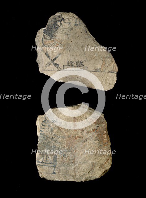 Limestone ostraca with humorous sketches in red and black ink, XIXth Dynasty (c1292 BC-c1190 BC). Artist: Unknown.