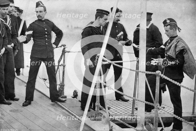 The ship's postman coming on board, 1896.Artist: Gregory & Co