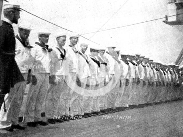 The Spanish-American War: American naval and military types - crew drawn up for inspection, 1898. Creator: Unknown.