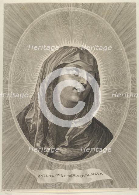 The head of the Virgin looking up to the right, in an oval frame, after Reni, ca. 1..., ca. 1650-67. Creator: Adrian van Melar.