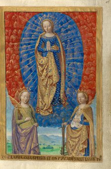 The Virgin in a Cloud of Angels, with Saints Barbara and Catherine; Poncher Hours, about 1500. Creator: Master of the Chronique Scandaleuse.