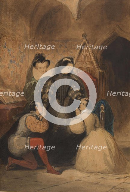 Mary Stuart blessing Roland Groeme and Catherine Seyton. After Walter Scott's "The Abbot", 1830. Creator: Johannot, Alfred (1800-1837).