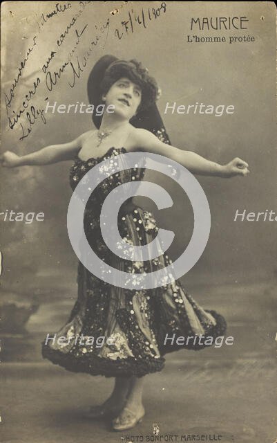 An actor in drag, known as "Maurice"; poses on stage mid-dance, 1908. Creator: Unknown.