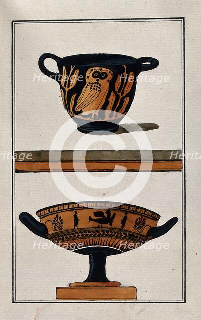 Above, black ground two-handled red-coloured Greek cup (kylix) decorated with an owl..., 1760-9. Creator: Augustin Dahlsteen.