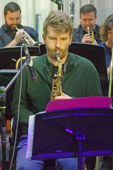 Matt Sulzmann, Stan Sulzmann’s Neon Orchestra, Watermill Jazz Club, Dorking, Surrey, Nov 2023. Creator: Brian O'Connor.