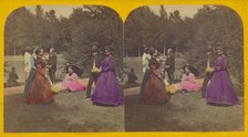 Group of people at a park with a lake, about 1870. Creator: Unknown.