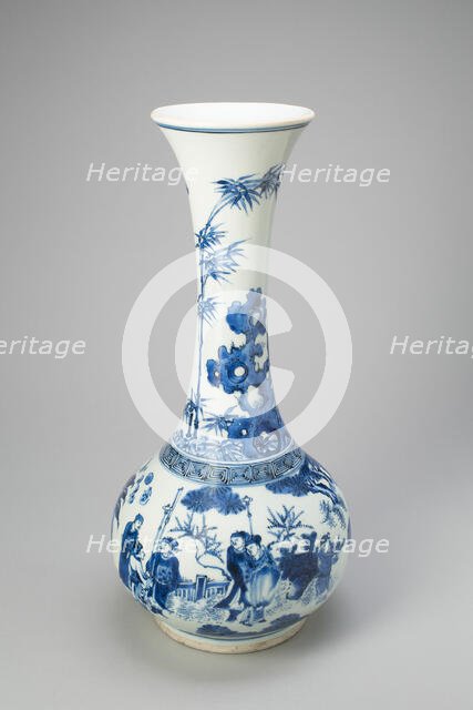 Bottle-Shaped Vase with Figures in Garden, Ming dynasty (1368-1644), Chongzhen period (1627-1644). Creator: Unknown.
