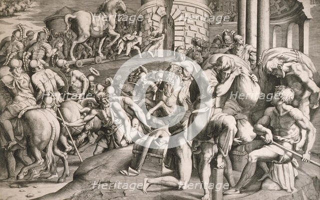 The Trojans Pull the Wooden Horse into the City, 1545. Creators: Giulio Bonasone, Francesco Primaticcio.