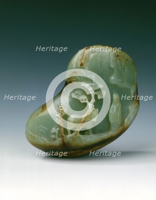 Jade landscape pebble of tethered horse and scholar, early Qing dynasty, China, late 17th century. Artist: Unknown