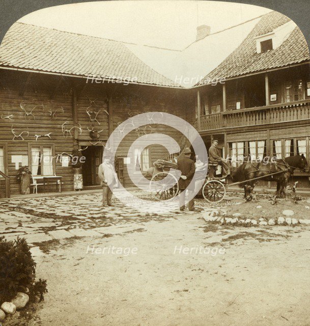 'Victoria Hotel, adorned with reindeer antlers, at Kongsberg, in rugged Norway', c1905. Creator: Unknown.