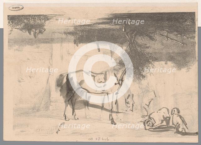 River landscape; two horses and a servant in a stable, 1846.  Creator: Johannes Franciscus Hoppenbrouwers.