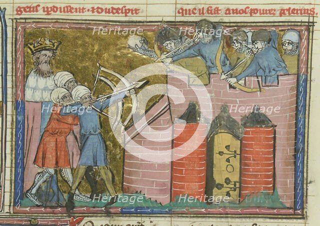 Kerbogha besieges Antioch in 1098 (From "Li rommans de Godefroy de Buillon et de Salehadin"), 1337. Creator: Maître de Fauvel (active 1314-1340).
