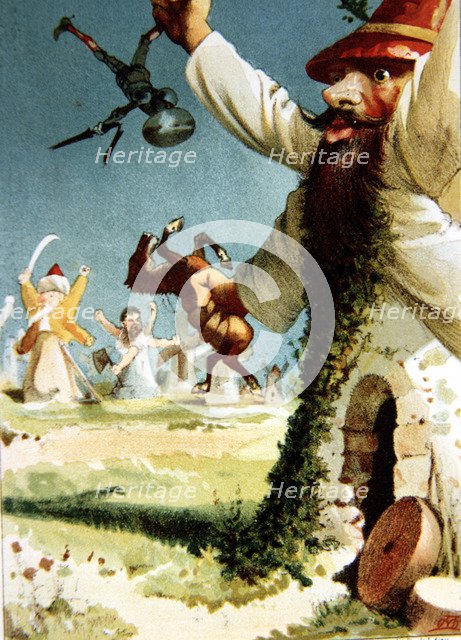 Illustration by Apeles Mestres of the scene 'Windmills' for the edition of Don Quixote, amended b…