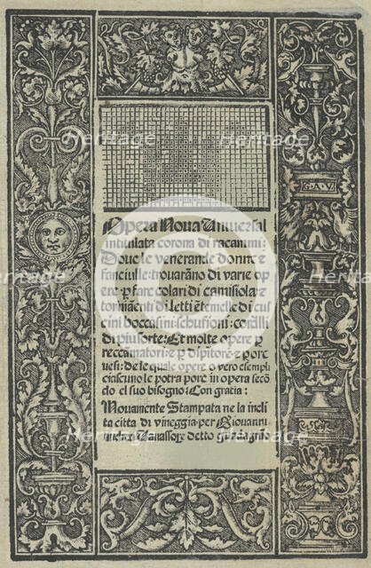 Opera Nova Universali intitulata Corona di racammi, title page (recto), [1530]. Creator: Giovanni Andrea Vavassore.