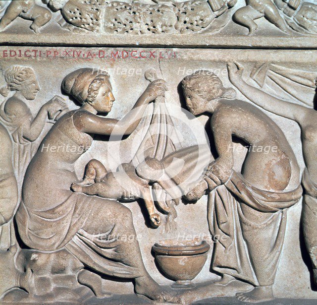Depiction of bathing a baby from a Roman sarcophagus. Artist: Unknown