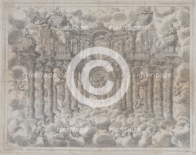 Plate 2 [counterproof]: Stage set with allegorical figures seated among the clouds, with a..., 1690. Creator: Giovanni Antonio Lorenzini.