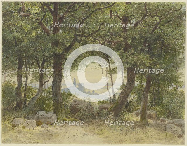 View of Kronberg with a wide view into the distance, seen from the edge of the Falkenstein..., 1871. Creator: Carl Theodor Reiffenstein.