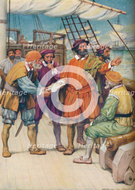 'Magellan Consults with his Navigators',  c1925. Artist: Arthur Percy Dixon.