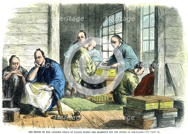 'Envoys of the Japanese Prince of Nagato paying the indemnity for the affair of Simonosaki', 1865. Artist: Unknown