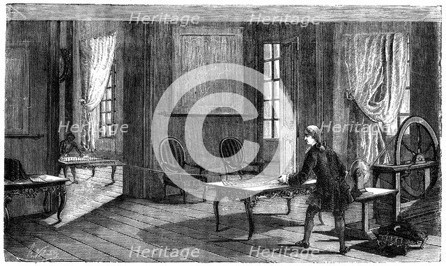 Lesage experimenting with the first electric telegraph, Geneva, 1774 (1876). Artist: Unknown