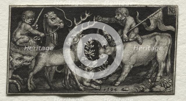 Monkeys Riding a Camel and a Bull, 1594. Creator: Nicolaes de Bruyn (Netherlandish, 1571-1656); A. van Londerseel.