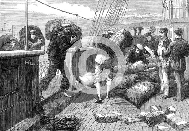 The Voyage to China: bringing the letter-bags on board a mail steam-ship at Brindisi, 1872. Creator: M. W. R..