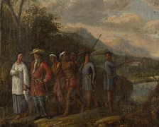 Dutch merchant with two enslaved men in a hilly landscape, 1700-1725. Creator: Anon.