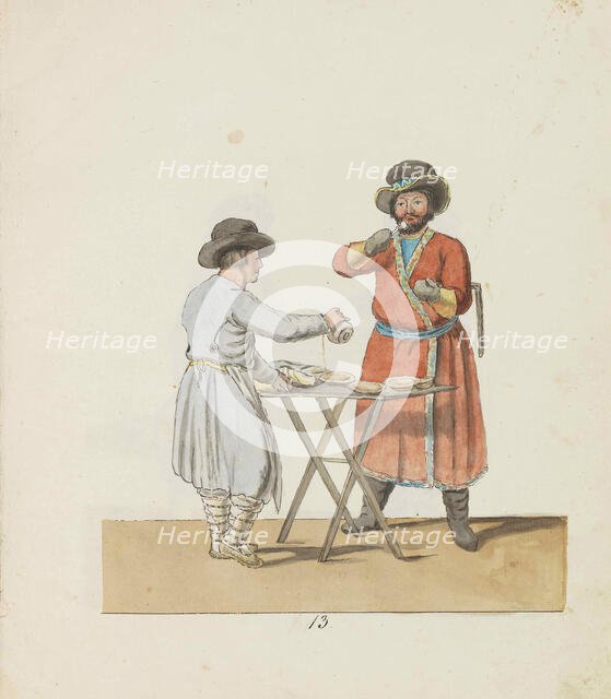 Kissel vendor and manorial coachman (From the series The St. Petersburg Peddlers), 1799. Creator: Geissler, Christian Gottfried Heinrich (1770-1844).
