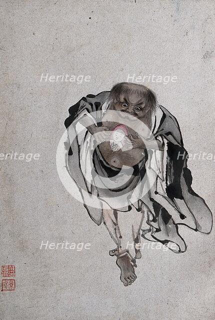 A Chinese man standing revealing a portrait of a man within his chest, (between 1800 and 1899?). Creator: Unknown.