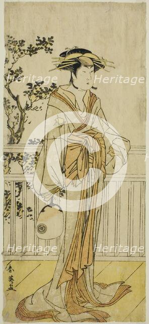 The Actor Iwai Hanshiro IV as Okumi of the Mieido Fan Shop (?) in the Play Sanjuk-koku..., c. 1789. Creator: Katsukawa Shun'ei.