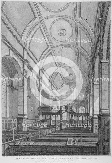 Interior of the Church of St Peter upon Cornhill looking east, City of London, 1825. Artist: Thomas Dale