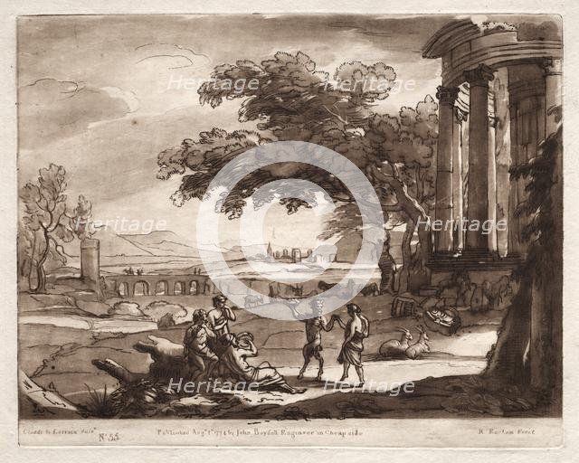Liber Veritatis: No. 55, A Landscape with a Temple and a Nymph and Satyr Dancing, 1774. Creator: Richard Earlom (British, 1743-1822).